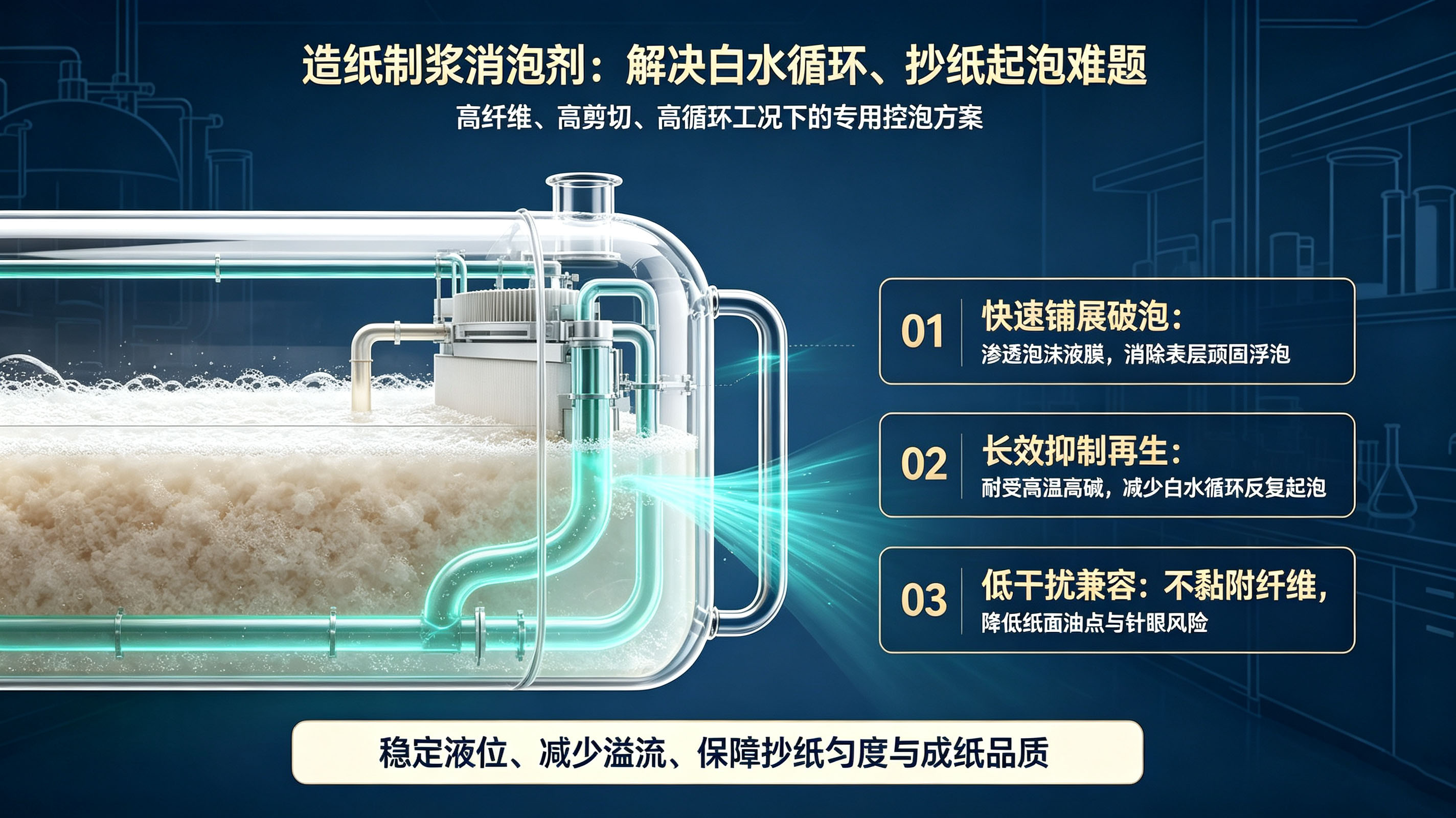 图1:造纸制浆消泡剂原理图(图片AI生成)
